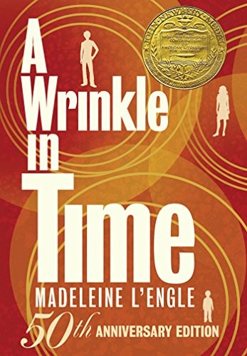 Cover of the 50th anniversary edition of A Wrinkle in Time by Madeleine L'Engle, showing a boy and a girl silhouetted against concentric orange and red rings, with the anniversary medallion in the top corner.