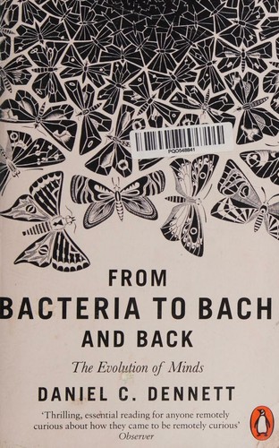 Cover of the Penguin paperback edition of From Bacteria to Bach and Back by Daniel C. Dennett, showing a symmetrical pattern of black moths and butterflies against a cream background with the title in bold black type.