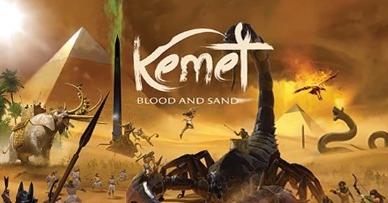 Box art for Kemet: Blood and Sand showing a massive scorpion creature bearing down on ancient Egyptian warriors amid golden sand dunes, with pyramids and a fire-breathing dragon visible in the background.