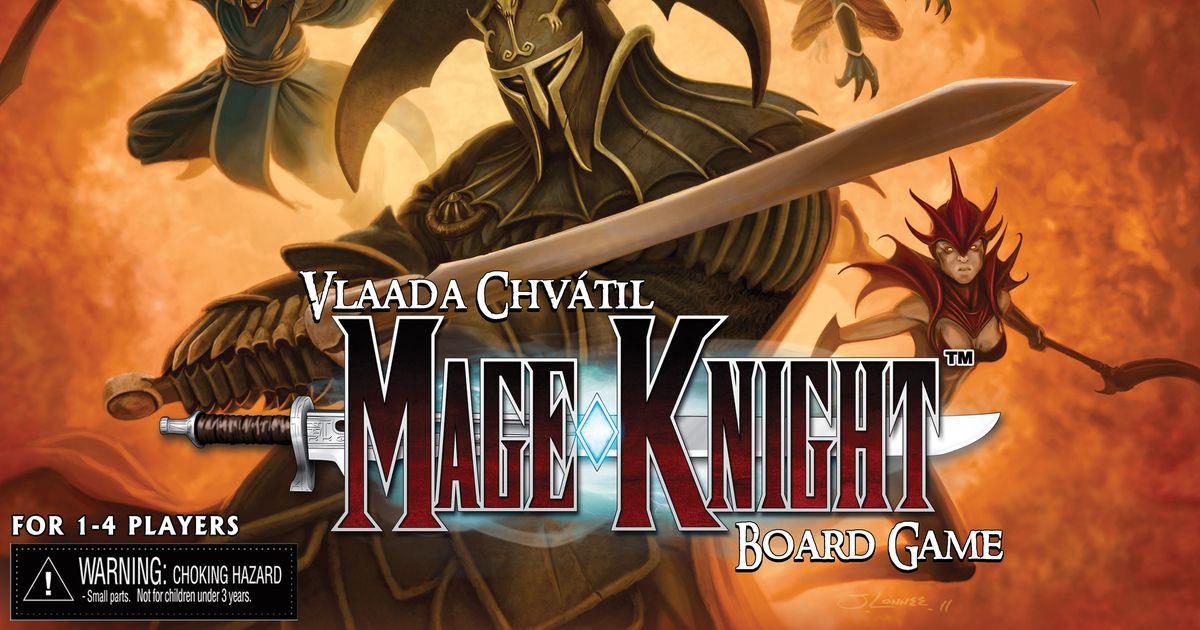 Box art for the Mage Knight Board Game showing an armored knight wielding a sword against a fiery orange background, flanked by a hooded mage and a demonic winged figure.