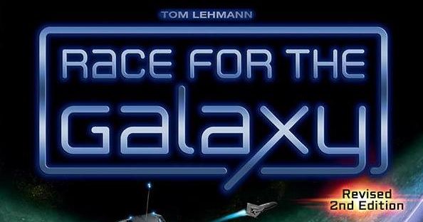 Box art for the revised second edition of Race for the Galaxy, showing the game's glowing blue neon-style logo over a starfield with two spacecraft silhouettes.