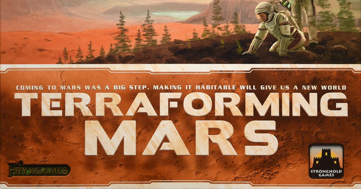 Box art for Terraforming Mars showing an astronaut kneeling on the red Martian surface tending a small green sapling, with a partially terraformed landscape and habitat structures visible in the background.