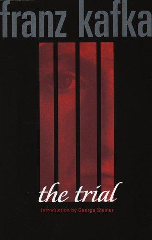 Cover of the Schocken paperback edition of The Trial by Franz Kafka, showing a red-tinted photograph of a human eye behind vertical black bars against a black background.