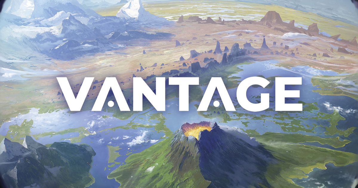 Box art for Vantage showing a sweeping painted landscape viewed from a mountaintop, with snow-capped peaks, a plains basin, and a distant erupting volcano, the game's title in large white capital letters across the middle.